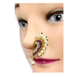 Indian Mores Gold Plated Multicolor Stone Studded Maharashtrian Peshwaai <b>Nath</b> <b>Nose</b> Pin Traditional Ethnic Jewelry for Women Girl - Product Image 2