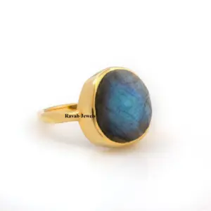 Latest 925 Sterling Silver Jewelry Manufacture Ring 12x13mm Organic Natural Blue Fire Labradorite Gold Plated Handmade For Women