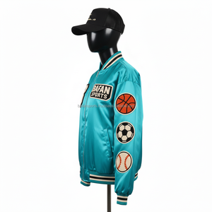 Veste en satin premium pour femmes, turquoise, tissu doux et brillant, avec des patchs sportifs brodés et un logo personnalisé, vestes en satin pour femmes - Product Image 3