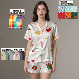 OEM/ODM Women's 100% Silk Satin Pajamas Set Notched Lapel Collar Summer Luxury Homewear Full Length Pants <b>Shorts</b> Customizable - Product Image 4