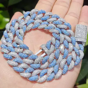 Collar de Cadena Cubana Pequeña de 14MM Azul Plateado con Burbujas, Joyería de Zirconia, Gargantilla Hip Hop, Collar de Moda para Hombre, Venta al por Mayor - Product Image 3