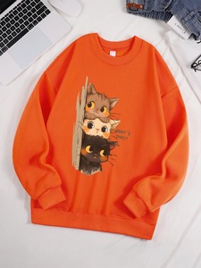 เสื้อฮู้ดผู้หญิงลายแมวน้อยสามตัวแอบดูคุณพิมพ์ลายเสื้อสวมหัวแนวสตรีททรงหลวมเสื้อผ้าฤดูหนาวแบบสปอร์ต - Product Image 4