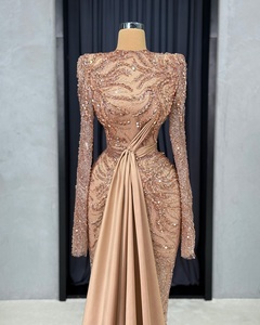 Robe de bal élégante en satin antistatique à col montant, avec dentelle et cristaux, longueur cheville, manches classiques, motif, pour soirées formelles - Product Image 2