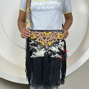Nueva moda de moda para mujer, bolso de hombro tipo bandolera de cuero de vaca con flecos, bolsos de diseñador Floral de lujo - Product Image 1