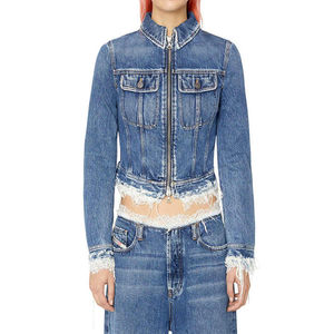 Bleu foncé femmes XL taille Slim Fit camionneur Denim veste lourde en détresse dentelle ourlet effiloché hiver fermeture éclair coton Jean automne - Product Image 4
