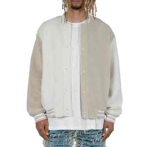 2025 veste universitaire 100% coton pour hommes de qualité supérieure et veste à manches en laine et cuir blanc et gris - Product Image 6