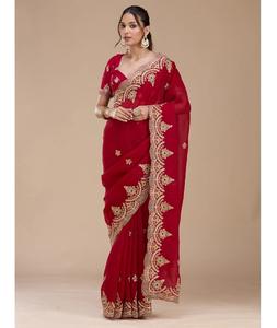 Sari de Satén Premium para Mujer con Bordado Pallu y Trabajo de Hilos Múltiples con Borde de Corte Arco, Última Moda - Product Image 1