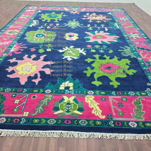 Tapis Suzani ouzbek fait à la main 8x10-tapis en laine bleu marine et rose, tapis bohème coloré ensembles de tapis en laine persane - Product Image 1