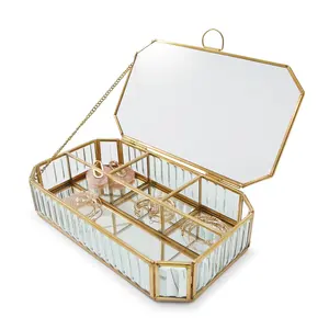 独特的设计心形金属和玻璃，带压花边框，金色调首饰盒饰品盒储物