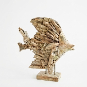 Sculpture artisanale de poisson dory en bois flotté, statue nautique rustique en teck sculpté, avec base en bois, pour décoration de table ou d'appoint. - Product Image 1