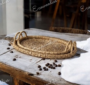 Bandeja de servicio redonda de ratán tejida a mano de nuevos diseños, juego de bandejas de ratán de tejido Natural de 2 bandejas de cesta de cuerda de yute con asa - Product Image 1