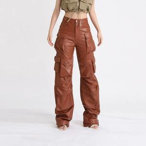 2023 Autumn New Women's Cargo Pants Casual <b>Loose</b> <b>Fitting</b> with Multi-Pocket PU Leather Canvas <b>Trousers</b> for Streetwear - Product Image 4