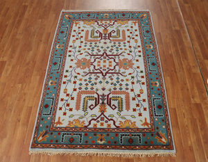 Handmade Thổ Nhĩ Kỳ ooshak thảm phong cách cổ điển len thảm với thiết kế hoa hình học, <span class=keywords><strong>teal</strong></span> và ngà voi Oriental khu vực thảm - Product Image 4