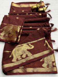 Sari indien en pur mousseline de viscose pour femme avec bordure jacquard éléphant tissée et franges de pallu - Product Image 2