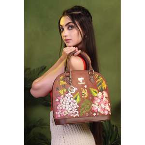 Sac fourre-tout de luxe en cuir végétalien brodé de fleurs avec deux poignées et fermeture éclair pour femme - Marron - Product Image 3