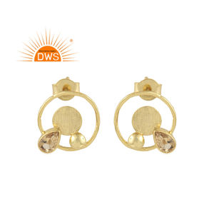 Boucles d'oreilles clous en argent sterling plaqué or 18 carats avec citrine naturelle, design personnalisé, qualité supérieure, fabricant de bijoux demi-fins - Product Image 1