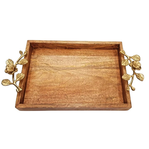 Bandeja de Madera de Diseño Vintage Más Vendida con Asa de Hojas y Flores para Servir Té y Café en Mesas de Hotel - Product Image 1