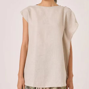 Tunique minimaliste Blouse asymétrique lin haut broderie gland décontracté Simple Vintage Style 100% lin bouton noël ODM - Product Image 1