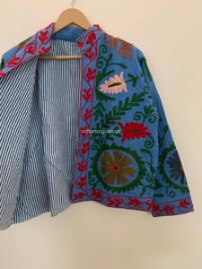 Veste en coton brodée florale bohème, col mandarin, manches trois quarts, vêtements d'extérieur pour femmes, printemps - Product Image 3