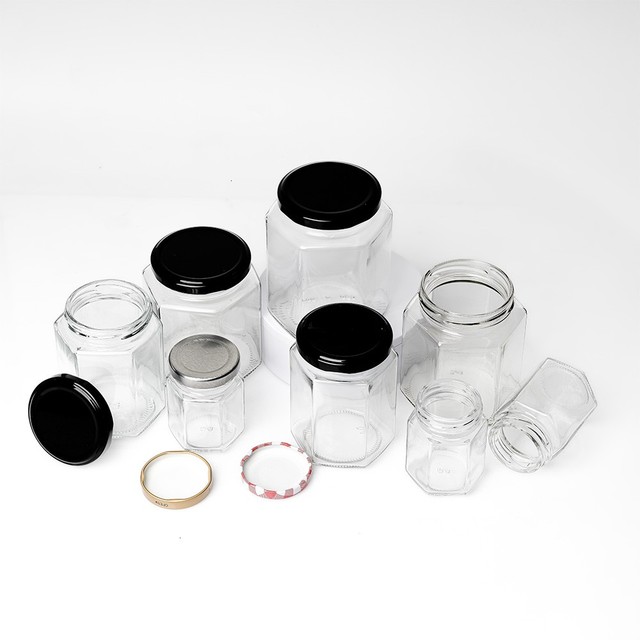 Hot Selling 85ml Six Hexagonal Glass Jars Clear Empty Sealed Glass Containers for Honey & Food Storage