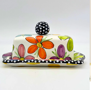 Beurrier en céramique bleu profond avec motif floral peint à la main, disponible à prix de gros. - Product Image 6