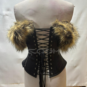 Corset gothique noir en cuir à épaules dénudées avec garniture en fausse fourrure pour cosplay et tenue de club - Product Image 6