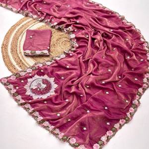 Sari VASTRA COTTAGE de Tela de Musgo Puro, Sari de Diseño con Bordado Floral de Primera Calidad con Blusa para Bodas y Fiestas - Product Image 4