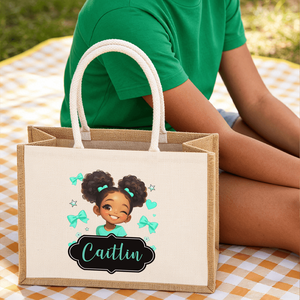 <b>Large</b> Jute Bag with Cute Cartoon <b>Bow</b> Personalized Birthday Gift for Black Girls Open Closure Type - Product Image 3
