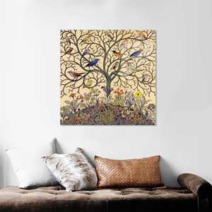 Toile imprimée : Oiseaux sur branches d'arbres et art floral, verre - Product Image 1