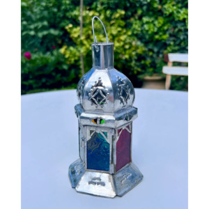 Dome Shaped Stainless Steel <b>Candle</b> <b>Holder</b> with Trending <b>Lantern</b> Jar Home Decorative Colored Glass Floor Hanging Pillar - Product Image 5