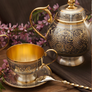 Đây là bộ ấm trà bằng đồng cổ với lớp hoàn thiện cổ điển, gồm một ấm trà có hình mặt trăng lưỡi liềm và sáu ly. - Product Image 4