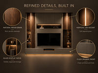 Meuble TV mural LED moderne et minimaliste KEJIA, gris foncé mat, centre de divertissement pour salon avec panneaux d'accentuation en grain de bois