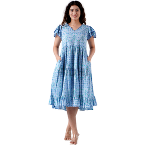 Venta al por mayor vestido de verano de las mujeres Jordy azul indio bloque de mano impreso vestido de verano de algodón con bordado vieiras ropa cómoda - Product Image 1