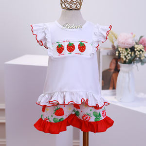 Ensemble short fraise de luxe smocké à la main pour filles OEM ODM personnalisé 100% coton vêtements vente en gros Manufacturer-BB3062 - Product Image 6