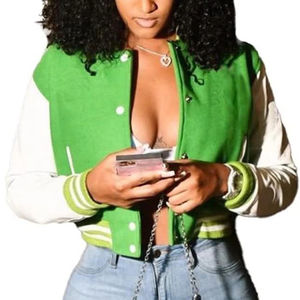 Vente en gros de veste universitaire recadrée de style vintage pour femmes à logo personnalisé nouvelle veste en cuir brodée à la mode en coton teint uni - Product Image 6