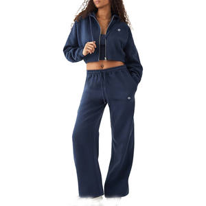 Women Cropped Zip <b>Hoodie</b> and Wide Leg Jogger Set Cotton <b>Fleece</b> Relaxed Fit OEM Private Label Apparel exporter - Product Image 1