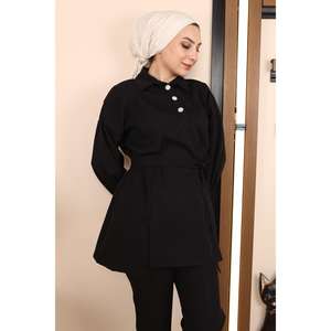 Ensemble décontracté 2 pièces pour femme MSW19129-1 Noir – Haut long et short à ourlet fendu longueur midi – Tailles XS à XL - Product Image 2