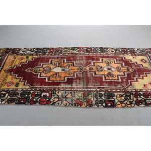 Turkish 3,8x9,7 ft Rug, <b>Runner</b> Vintage Rug, <b>Red</b> Yellow Bordered Rug - Product Image 2