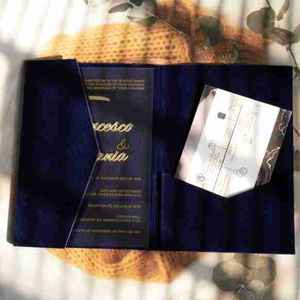 فاخر فاخر كحلي أسود مخملي ثلاثي الطيات 5x 7 جيوب 3 أضعاف بطاقات دعوة Quinceanera 15 دعوة - Product Image 1