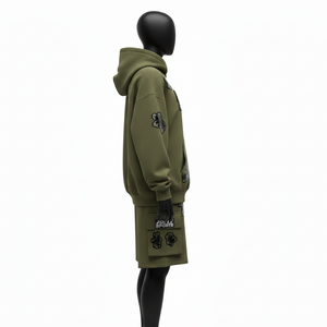 Ensemble sweat à capuche et short en molleton de coton lourd pour femme, vert olive, tenue décontractée, broderie de logo personnalisée pour femme - Product Image 5