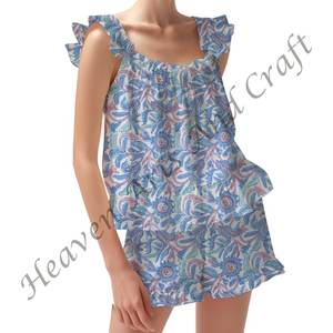 Conjunto de pijama con estampado de bloques de algodón hecho a medida, conjunto de pijama con mangas ajustadas florales de verano/otoño - Product Image 6