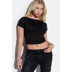 T-shirt décontracté pour femme, coupe ajustée, 100% coton, respirant, décoration en lettres, longueur courte, jersey, taille XS pour l'été - Product Image 2