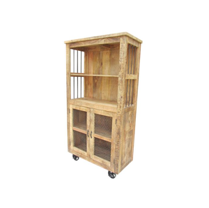 Bibliothèque industrielle en bois de manguier massif au fini naturel avec cadre en métal et fer, côtés en maille et roulettes - Product Image 5