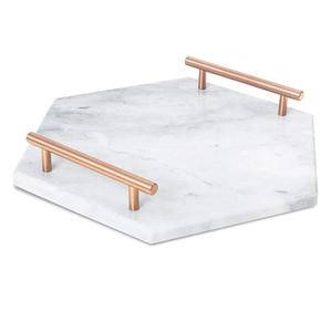 Plateau de service Métal doré avec marbre blanc Design haut de gamme Ustensiles de cuisine à la mode Plateau de service durable - Product Image 4