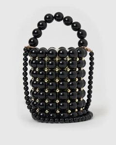 Sac seau cylindrique perlé brillant sphérique noir avec alternance de perles dorées et une longue sangle, à prix de gros. - Product Image 1