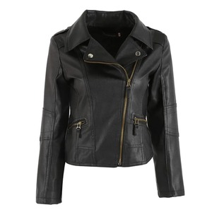 Veste courte en cuir à fermeture éclair en faux PU pour femmes, respirante, tricotée, avec revers, style moto, teinte unie. - Product Image 1