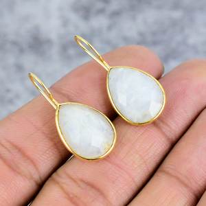 รุ้งมูนสโตน925เงินสเตอร์ลิงต่างหูลูกแพร์ชุบทองต่างหูลวดต่างหูสำหรับผู้หญิงของขวัญแต่งงาน - Product Image 1