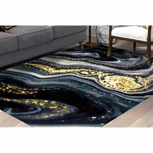 Tapis en marbre noir : reflets dorés, tapis d'appoint moderne, tapis imprimé, tapis en chenille - Product Image 1
