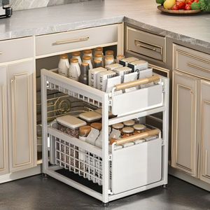 Armoire de cuisine tiroir métal évier organisateur Double niveaux poignée en bois tirer support épices vaisselle paniers de rangement plateaux de rangement - Product Image 5