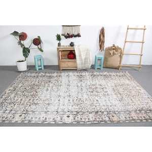 พรมตุรกีขนาด 5.7x9.3 ฟุต พรมวินเทจขนาดใหญ่ พรมลายดอกไม้สีขาว - Product Image 1